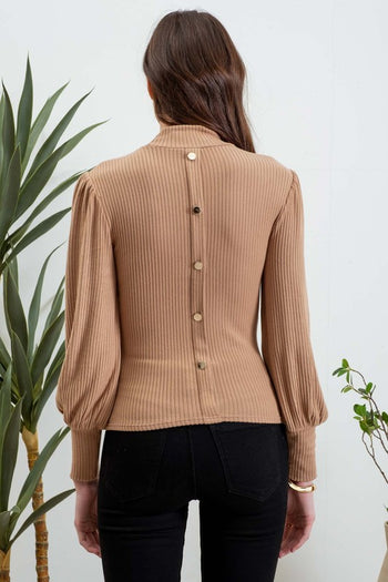 Taupe Button Back Mock Neck Top