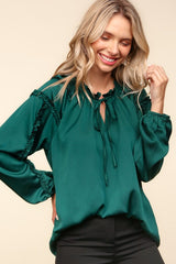 Hunter Green Frill Tie Neck Blouse - FINAL SALE