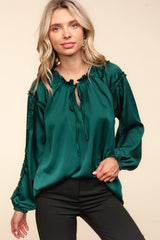 Hunter Green Frill Tie Neck Blouse - FINAL SALE