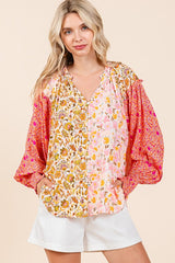 Mixed Floral Print Smocked Sleeve Top