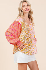 Mixed Floral Print Smocked Sleeve Top