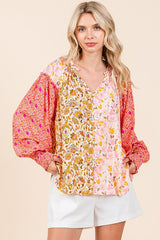 Mixed Floral Print Smocked Sleeve Top