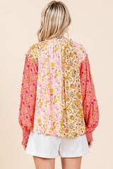 Mixed Floral Print Smocked Sleeve Top