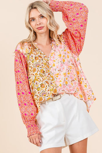 Mixed Floral Print Smocked Sleeve Top