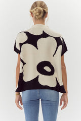 Black & Ivory Floral Mock Short Sleeve Sweater