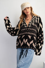 Printed Sweater Drawstring Hem Oversized Pullover Cardigan