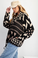 Printed Sweater Drawstring Hem Oversized Pullover Cardigan