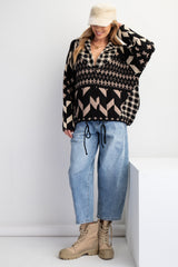 Printed Sweater Drawstring Hem Oversized Pullover Cardigan