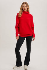 Red Slouch Ribbed Dolman Pullover