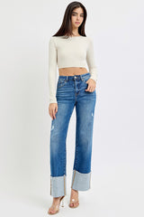 Dark Risen High Rise Wide Leg Cuffed Jeans