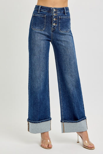 Risen High Rise Ankle Wide Cuffed Button Fly Jeans