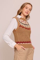 Camel & Burgundy Nordic Sweater Vest