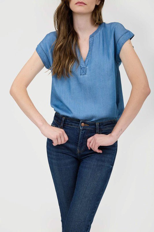 Chambray Split Neck Top - The Nines