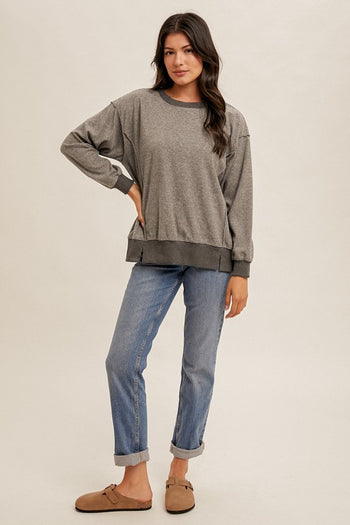 Gray Relaxed Fit Velour Slit Hem Pullover