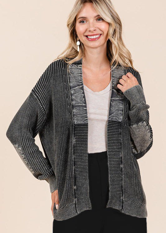 Contrast Mineral Wash Elbow Patch Cardigan - 2 Colors! - The Nines