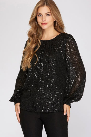 Black Sequin Balloon Sleeve Top - FINAL SALE