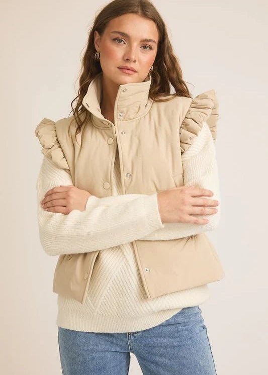 Taupe Ruffle Snap Button Vest - The Nines