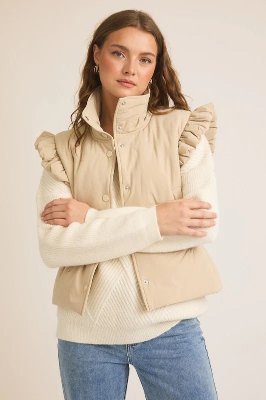 Taupe Ruffle Snap Button Vest - The Nines