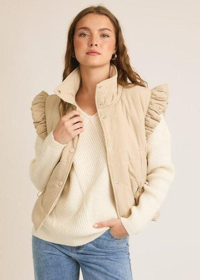 Taupe Ruffle Snap Button Vest - The Nines