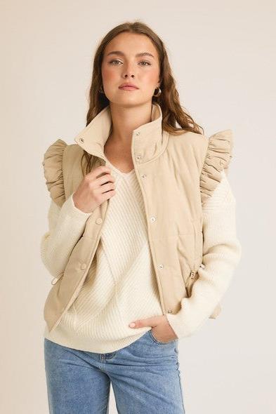 Taupe Ruffle Snap Button Vest - The Nines