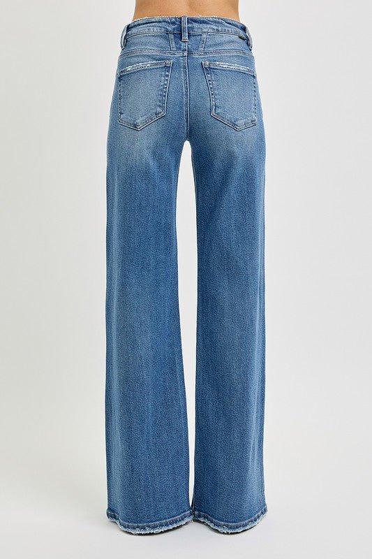 Risen Medium Wash High Rise Tummy Control Wide Leg Jean - The Nines