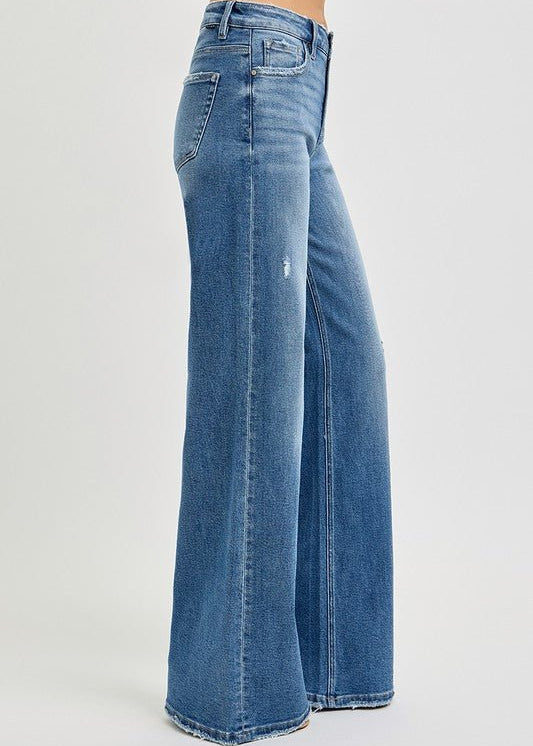 Risen Medium Wash High Rise Tummy Control Wide Leg Jean - The Nines