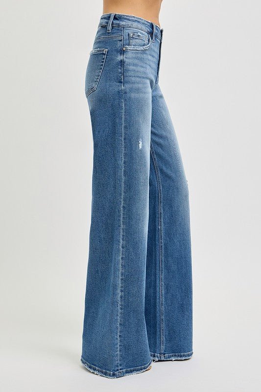 Risen Medium Wash High Rise Tummy Control Wide Leg Jean - The Nines