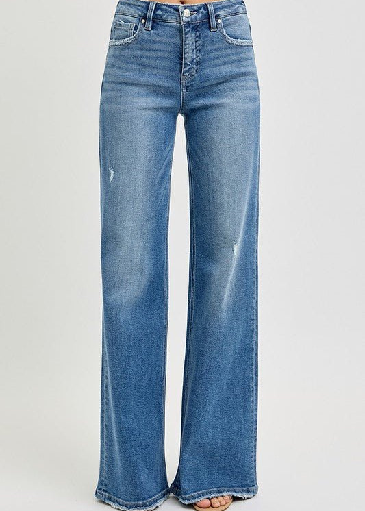 Risen Medium Wash High Rise Tummy Control Wide Leg Jean - The Nines