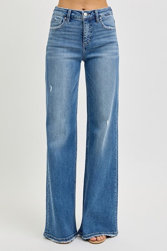 Risen Medium Wash High Rise Tummy Control Wide Leg Jean - The Nines