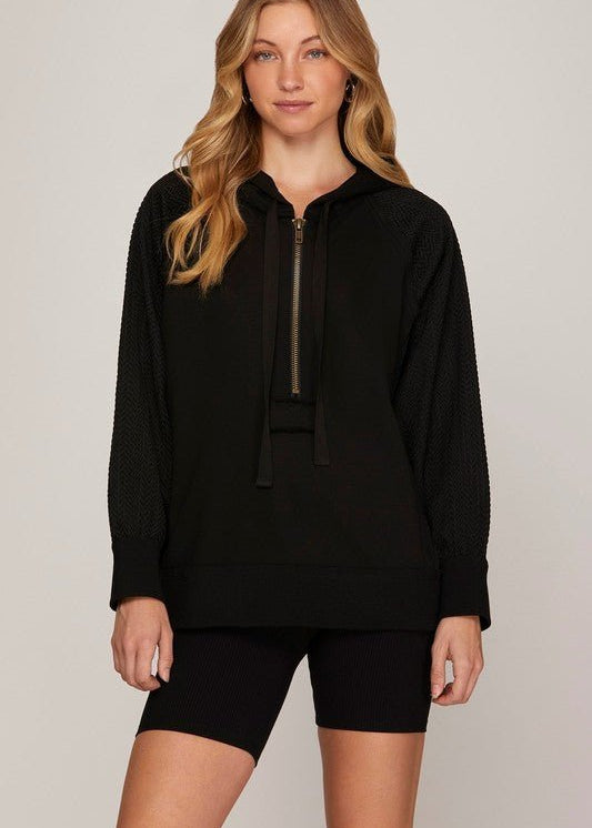 Textured Sleeve Zip Up Hoodie - 2 Colors! - The Nines