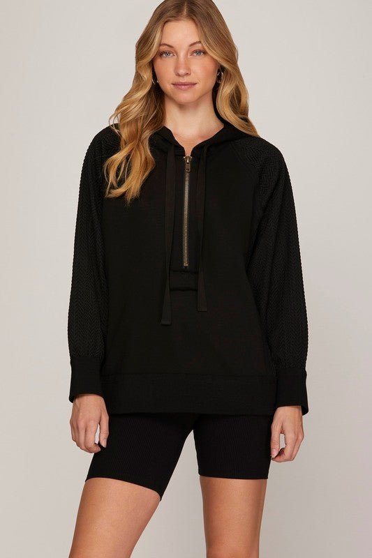 Textured Sleeve Zip Up Hoodie - 2 Colors! - The Nines