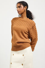 Toffee Pointelle Shoulder Ruffle Lightweight Sweater - FINAL SALE