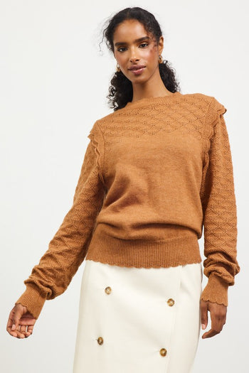 Toffee Pointelle Shoulder Ruffle Lightweight Sweater - FINAL SALE