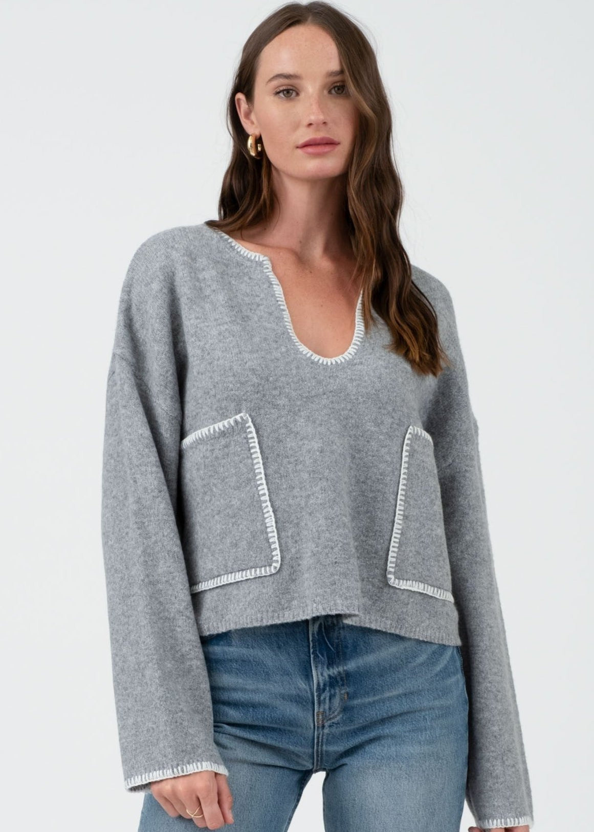 Contrast Stitch Pocket Sweaters - 2 Colors! - The Nines