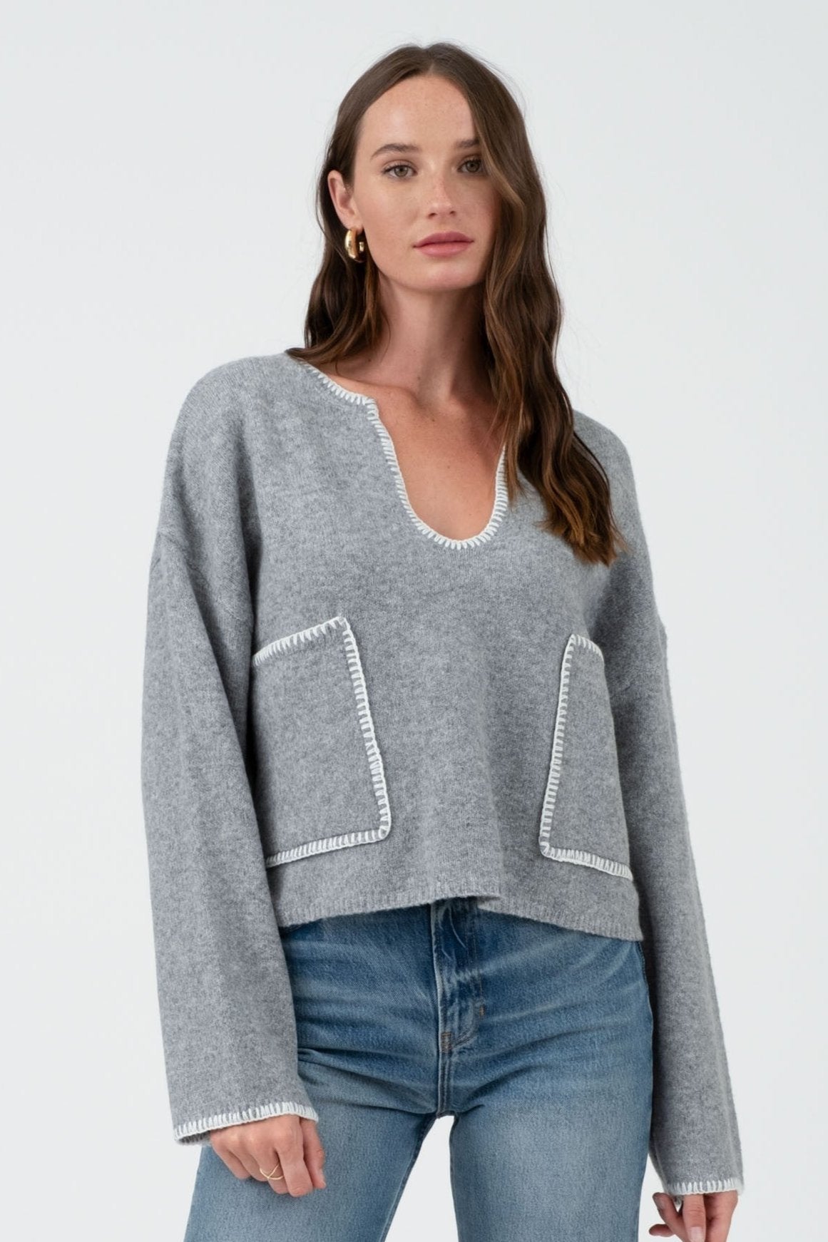 Contrast Stitch Pocket Sweaters - 2 Colors! - The Nines