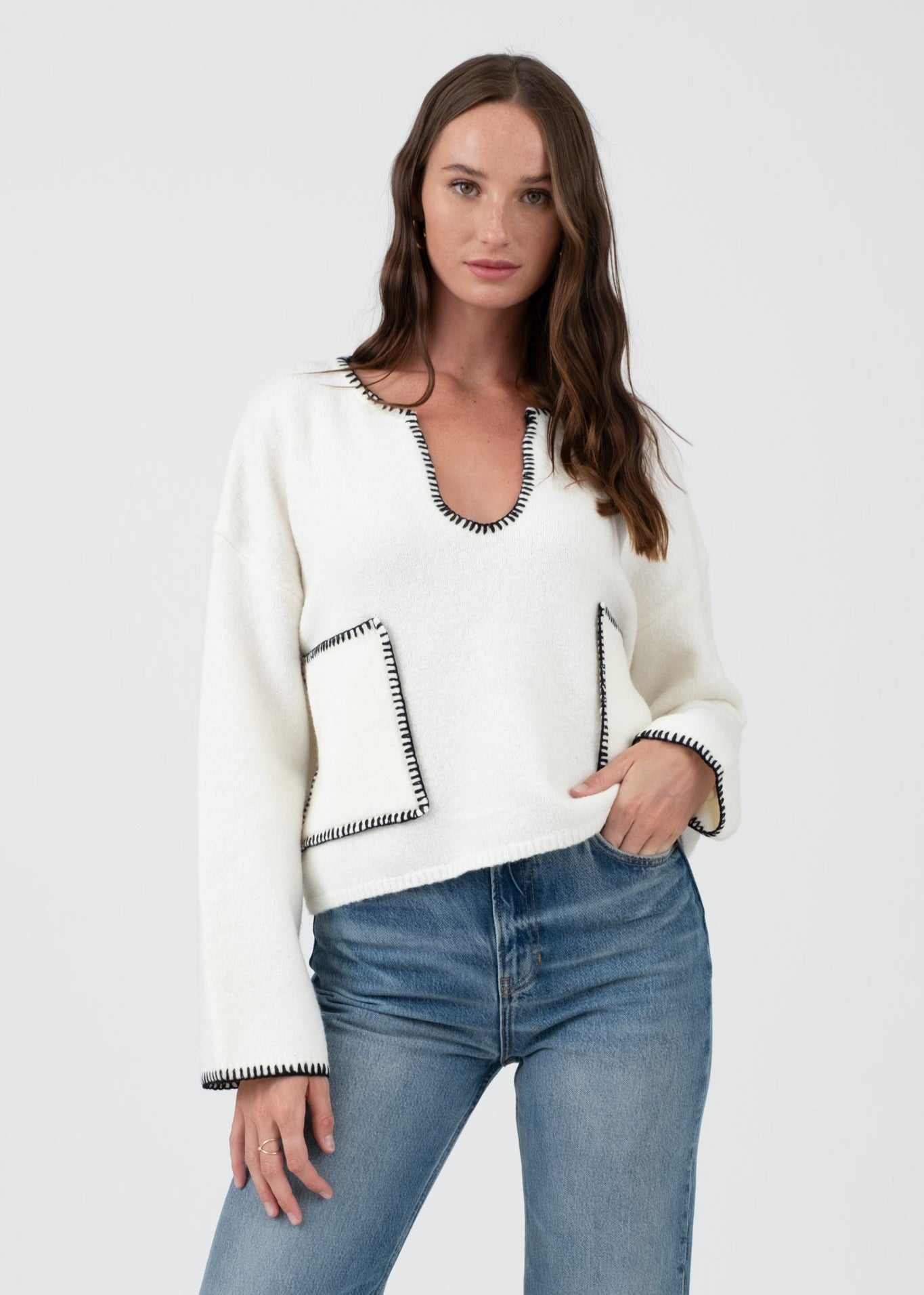 Contrast Stitch Pocket Sweaters - 2 Colors! - The Nines