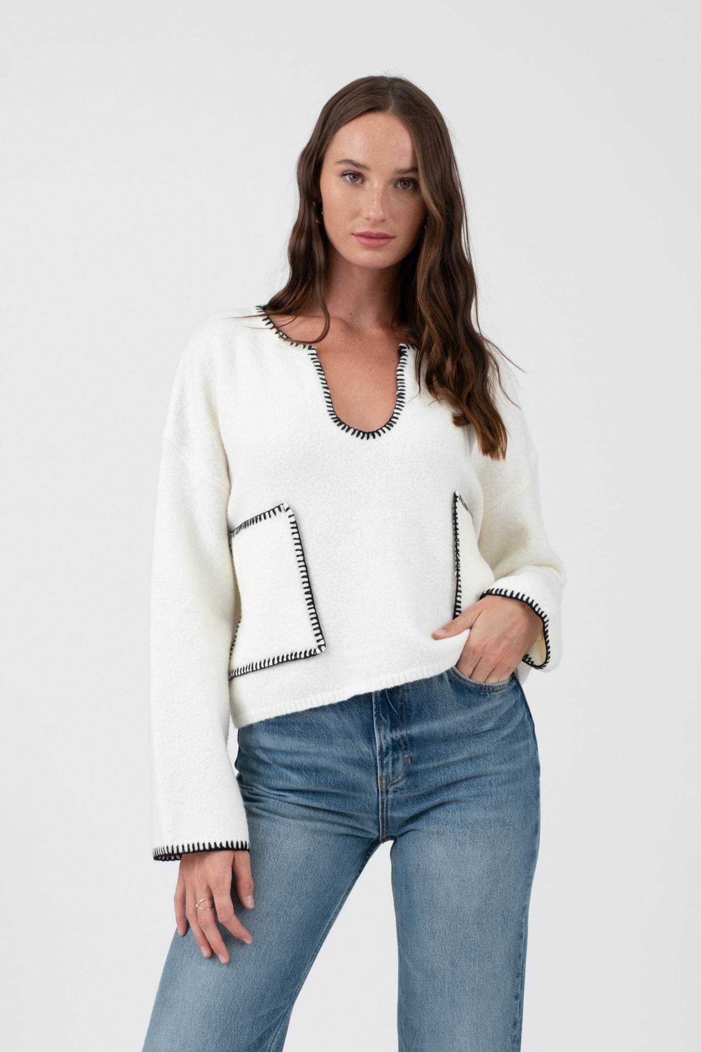 Contrast Stitch Pocket Sweaters - 2 Colors! - The Nines