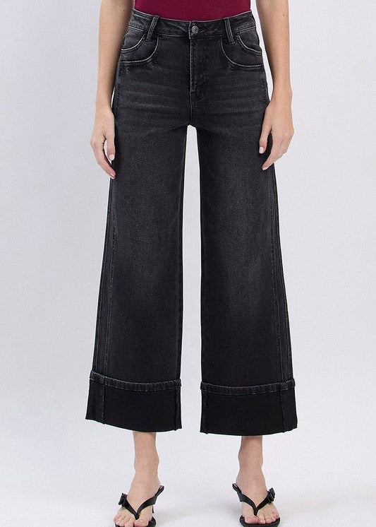 Vervet High Rise Black Cuffed Wide Jean - The Nines