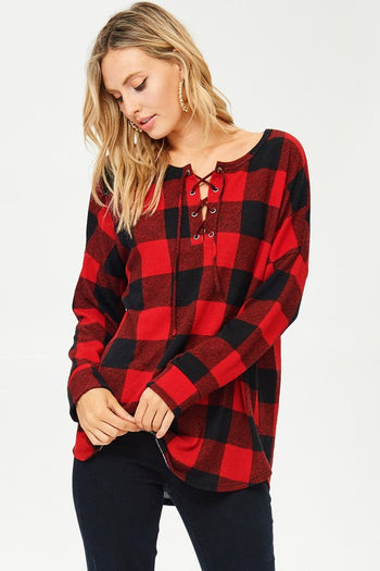 Lace Up Buffalo Plaid Top