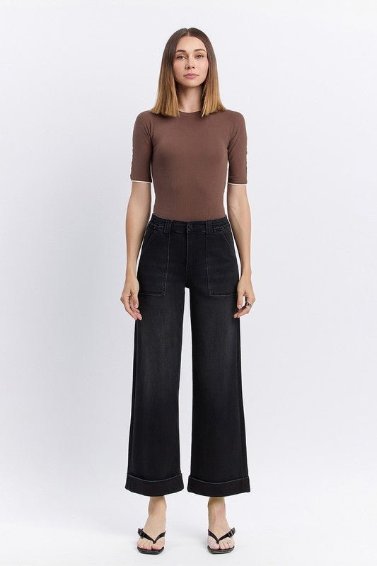 Black Vervet High Rise Double Cuff Baggy Wide Leg Jeans - The Nines
