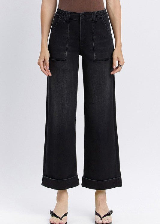 Black Vervet High Rise Double Cuff Baggy Wide Leg Jeans - The Nines