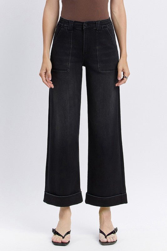 Black Vervet High Rise Double Cuff Baggy Wide Leg Jeans - The Nines