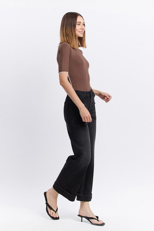 Black Vervet High Rise Double Cuff Baggy Wide Leg Jeans - The Nines