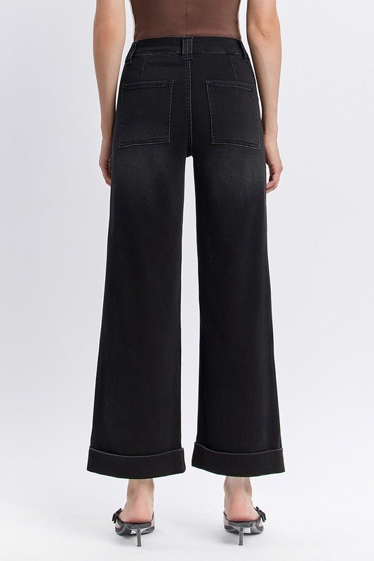 Black Vervet High Rise Double Cuff Baggy Wide Leg Jeans - The Nines