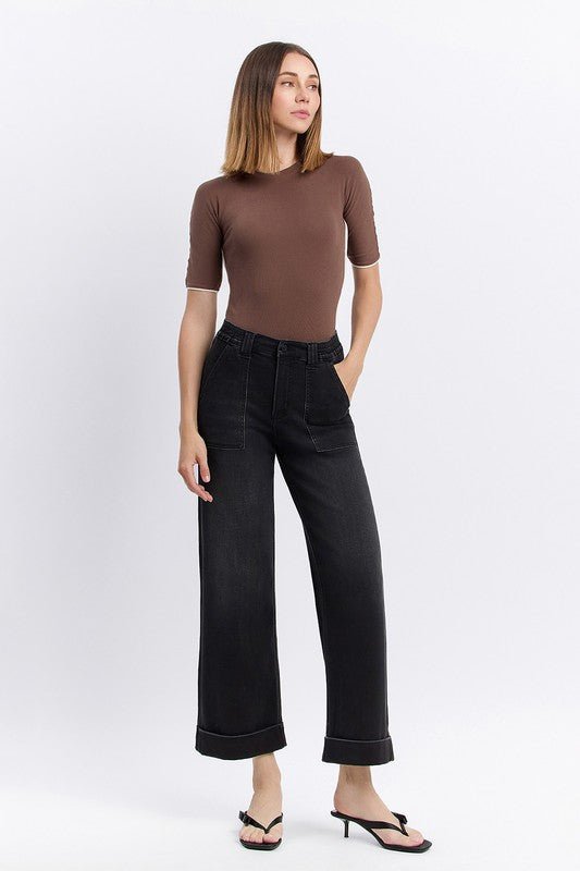 Black Vervet High Rise Double Cuff Baggy Wide Leg Jeans - The Nines