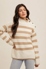 Cream & Taupe Button Turtleneck Sweater