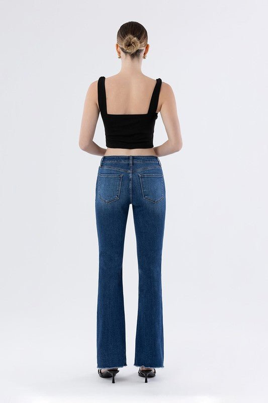 Lovervet Mid Rise Dark Wash Raw Hem Bootcut Jean - The Nines