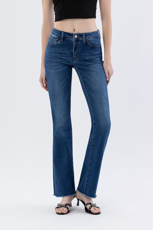 Lovervet Mid Rise Dark Wash Raw Hem Bootcut Jean - The Nines