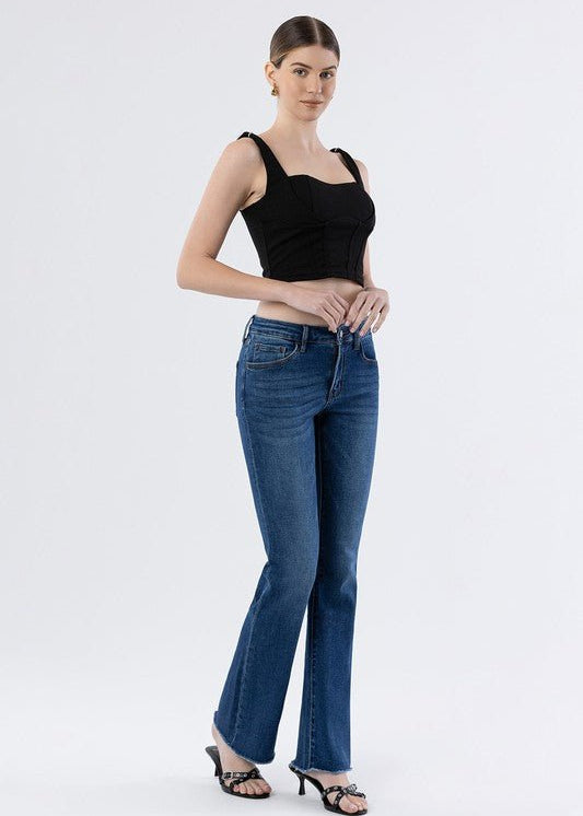 Lovervet Mid Rise Dark Wash Raw Hem Bootcut Jean - The Nines