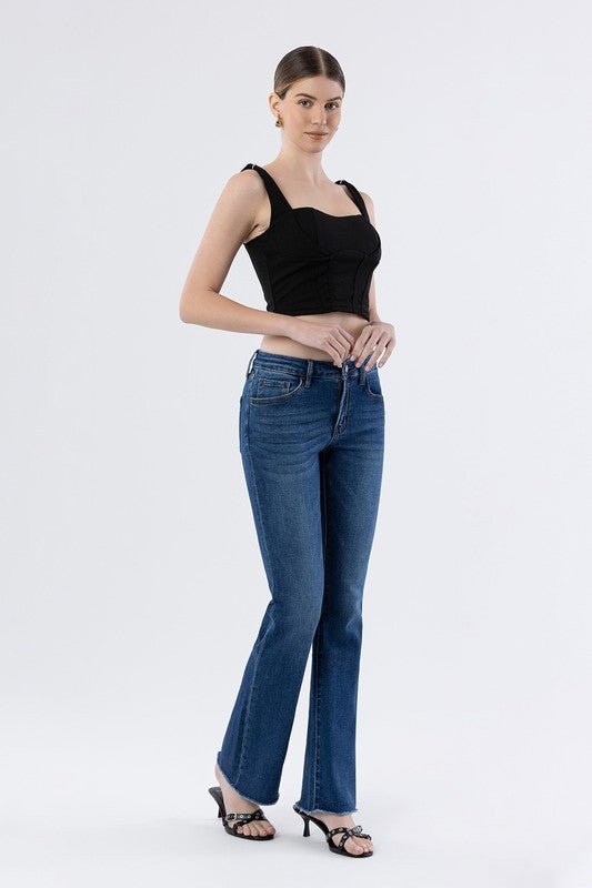 Lovervet Mid Rise Dark Wash Raw Hem Bootcut Jean - The Nines